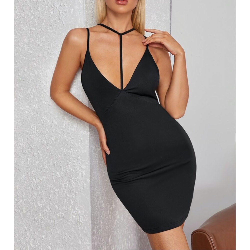 Black Plunge Strappy Neckline Bodycon Sexy Dress